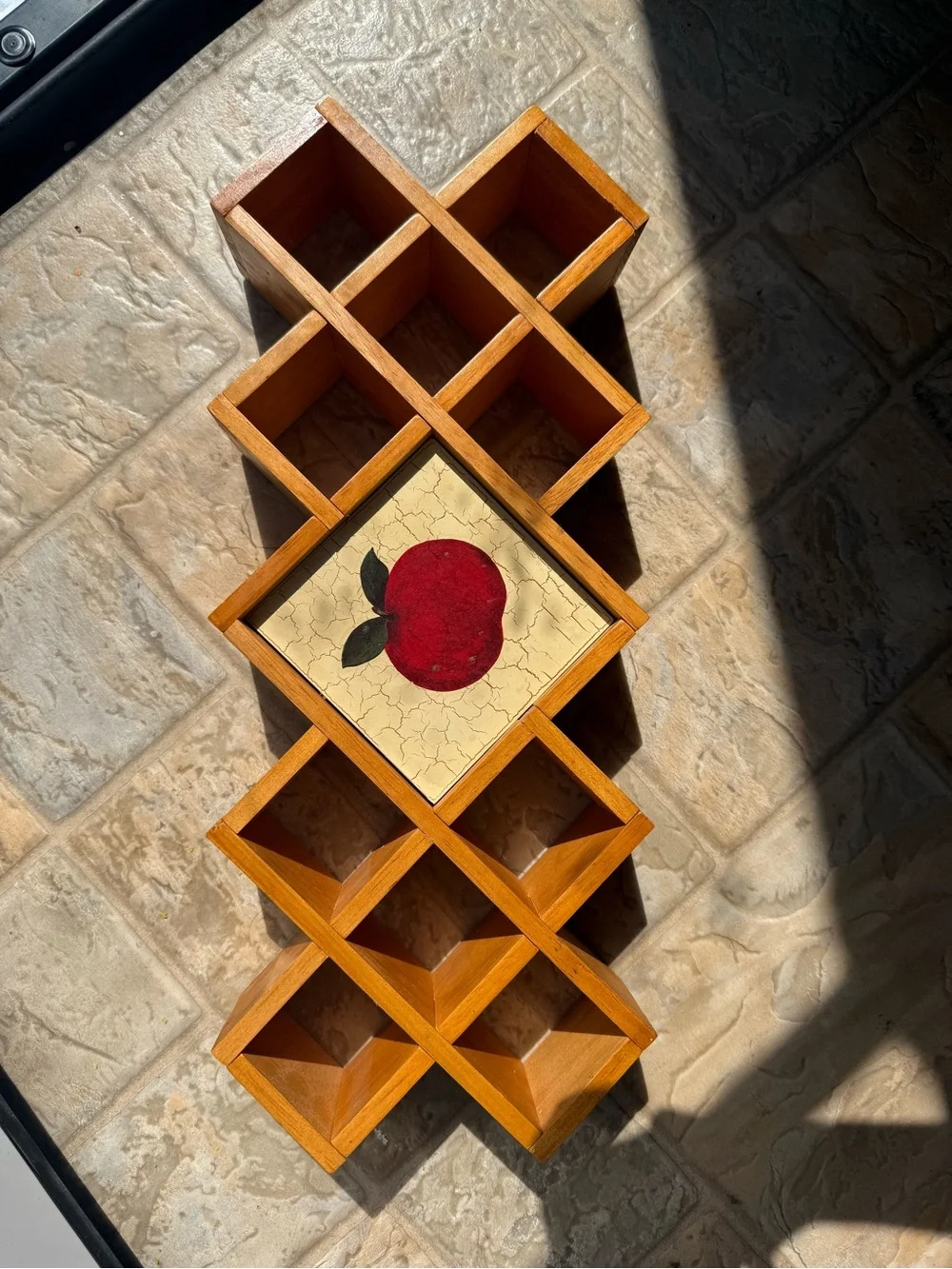 Wooden Honeycomb Wall Shelf with Red Apple accent